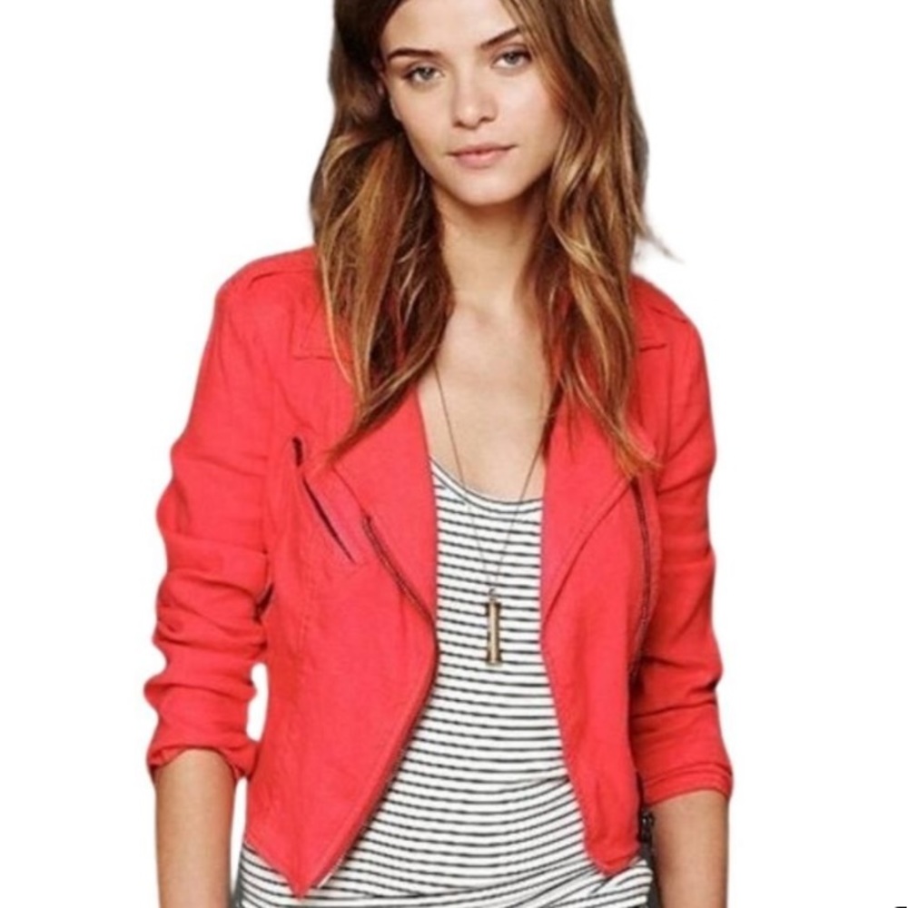 Free People Linen Blend Zipper Moto Jacket 4 Pink
